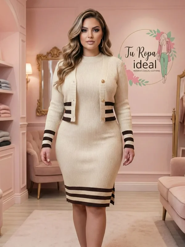 Conjunto Casual Elegante de Punto: Vestido y Cárdigan a Rayas Unitalla