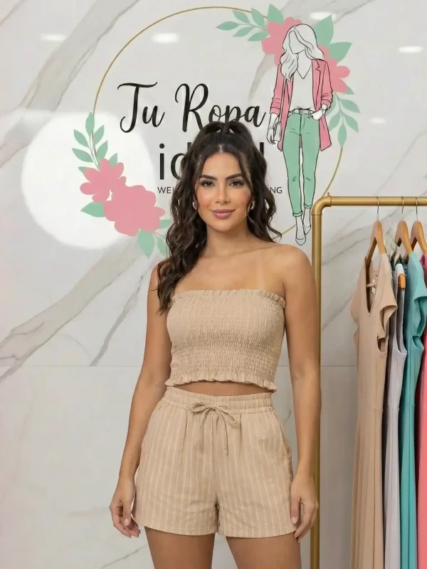 CONJUNTO DE DOS PIEZAS PARA MUJER TOP DE TUBO Y SHORT A RAYAS CON CORDON