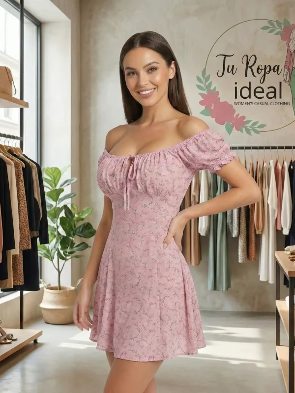 Vestido Corto Rosa Floral Hombros Descubiertos Mujer Ut