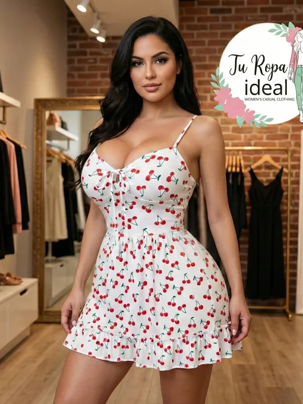 Vestido Corto De Tirantes Estampado Cerezas Para Mujer Unitalla