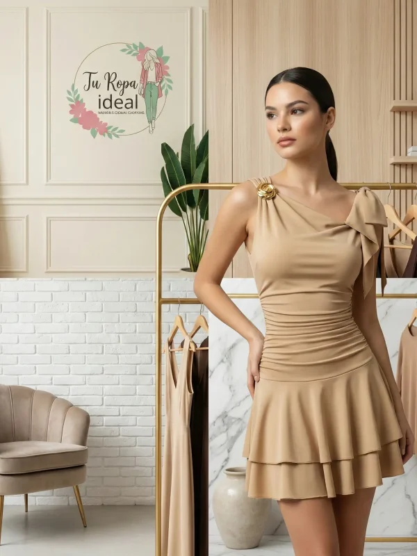 VESTIDO BEIGE AJUSTADO DE HOMBRO CAIDO CON DETALLE DE FLOR METALICA Y BAJO CON BOLANTES EN CASCADA UNITALLA