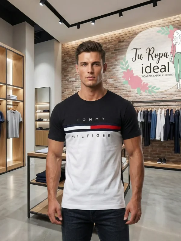 Playera Tommy Hilfiger Blanco y Azul Marino Talla Grande