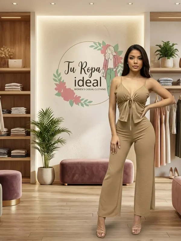 CONJUNTO DE 2 PIEZAS TOP DE TIRANTES CON NUDO DELANTERO Y PANTALON DE PIERNA ANCHA UNITALLA